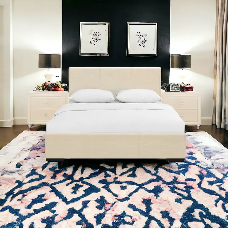 Beige Wood And Faux Leather King Bed Frame