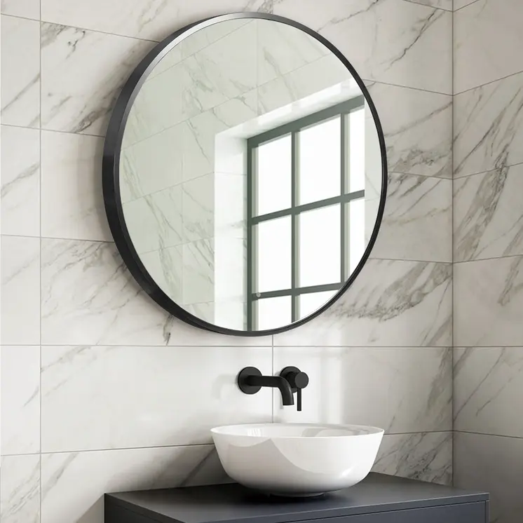 32" Black Round Metal Framed Accent Mirror
