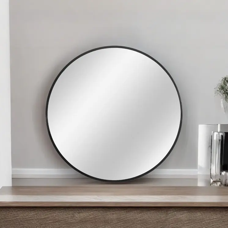 32" Black Round Metal Framed Accent Mirror