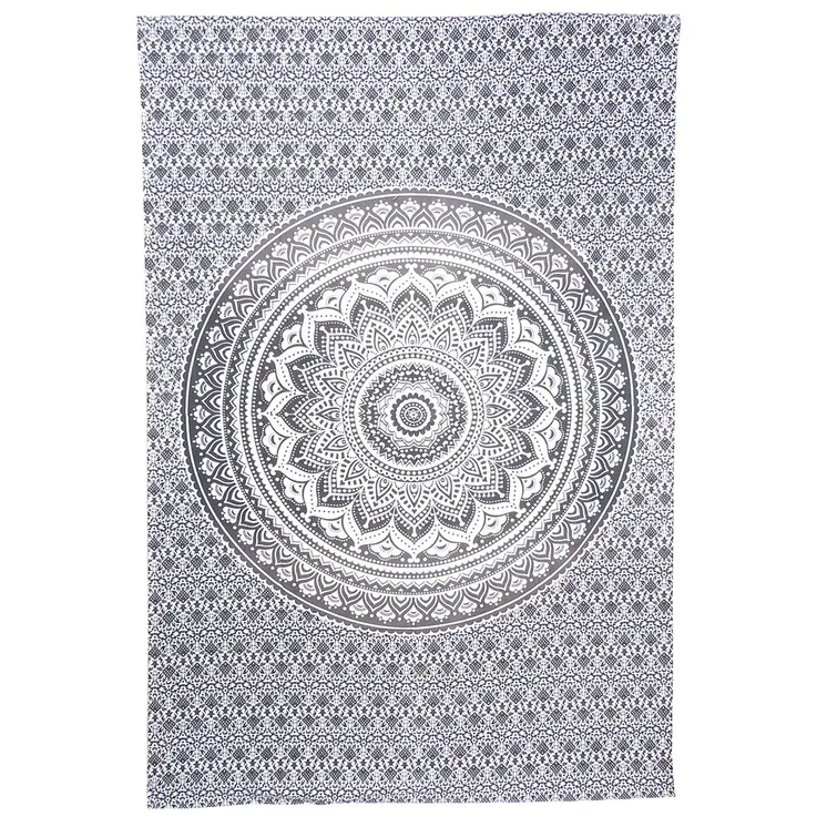 80" X 56" Gray And White Mandala Cotton Hanging Tapestry
