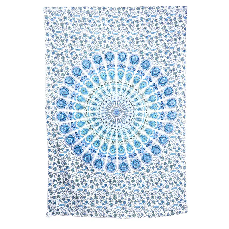 80" X 56" Blue And White Mandala Cotton Hanging Tapestry
