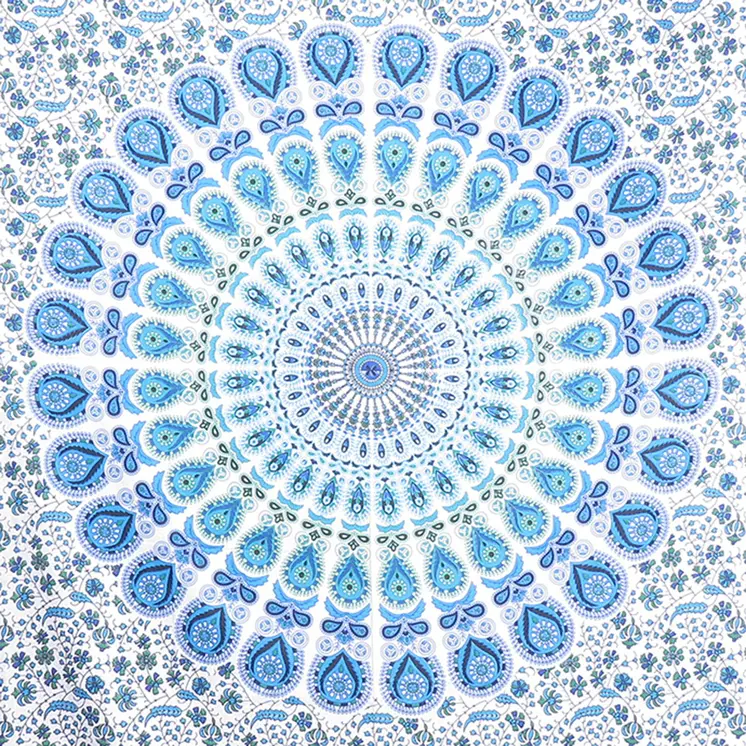 80" X 56" Blue And White Mandala Cotton Hanging Tapestry
