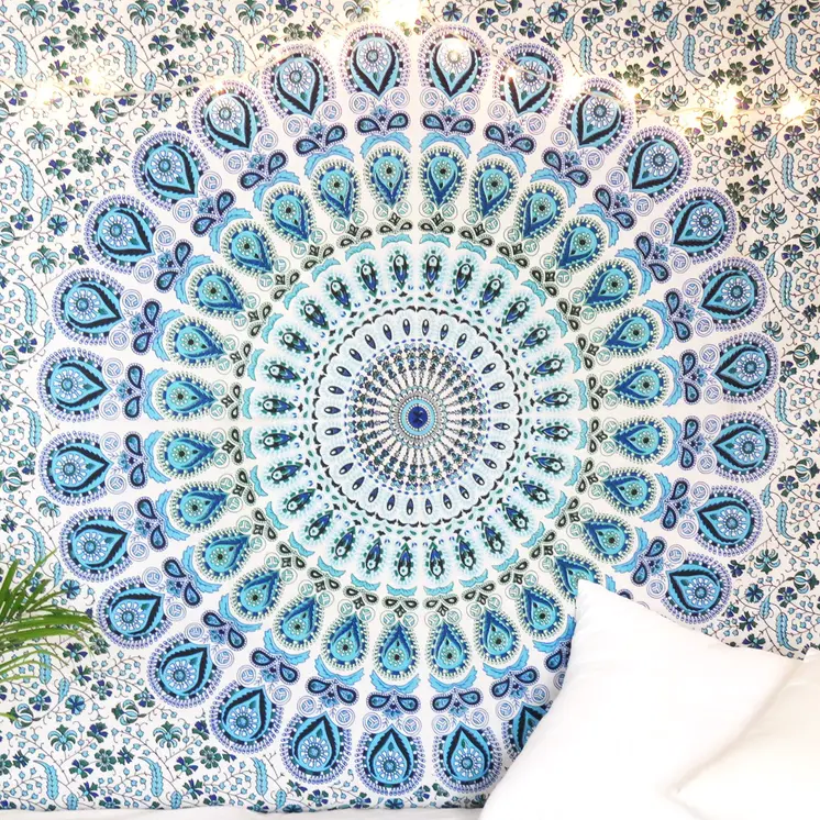 80" X 56" Blue And White Mandala Cotton Hanging Tapestry