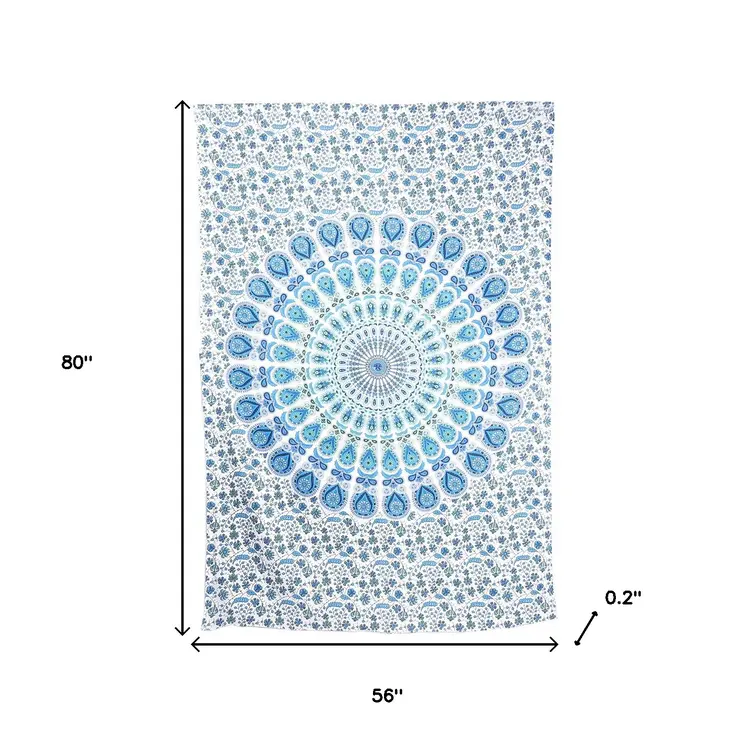 80" X 56" Blue And White Mandala Cotton Hanging Tapestry