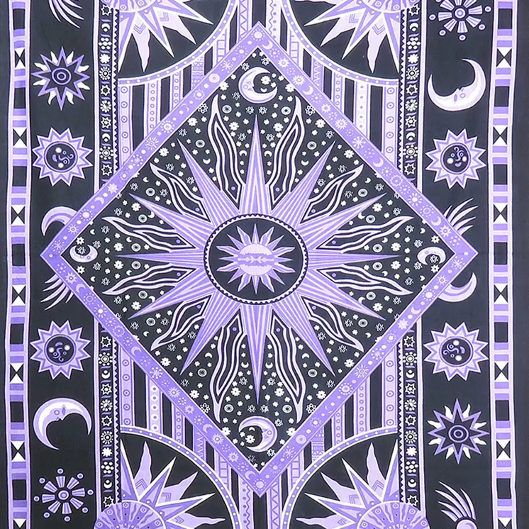 80" X 56" Purple Black And White Mandala Cotton Hanging Tapestry