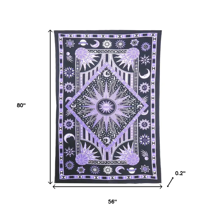80" X 56" Purple Black And White Mandala Cotton Hanging Tapestry