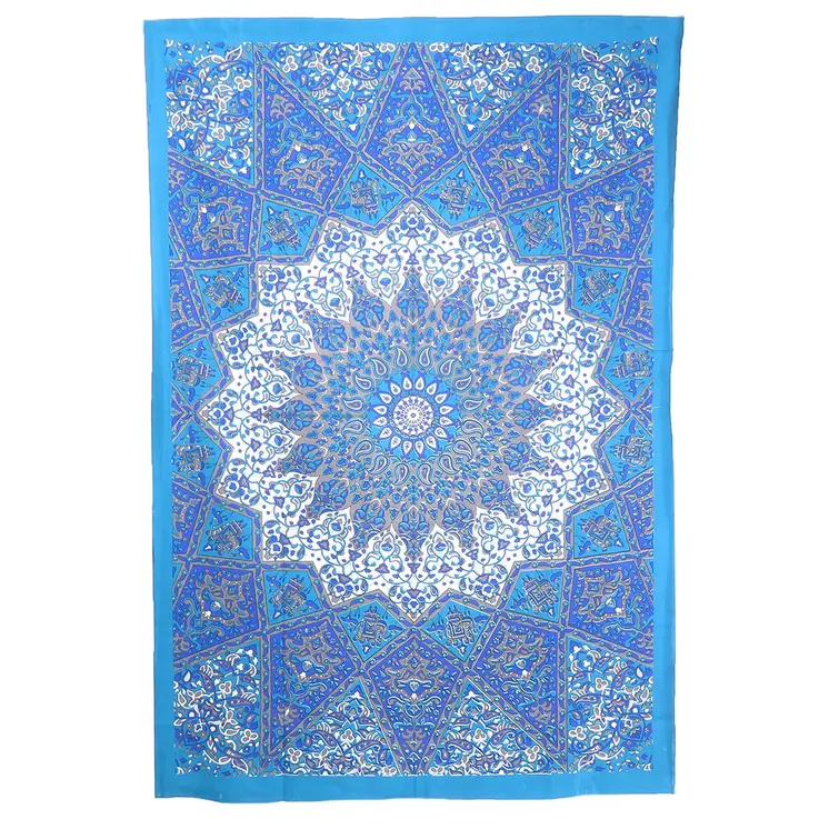 80" X 56" Royal Blue Blue And White Mandala Cotton Hanging Tapestry