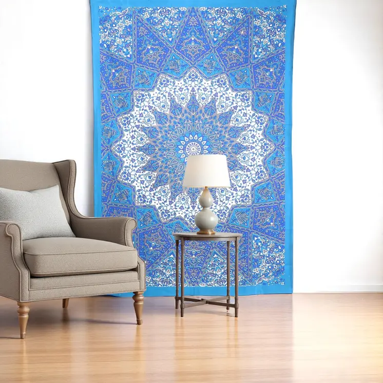80" X 56" Royal Blue Blue And White Mandala Cotton Hanging Tapestry