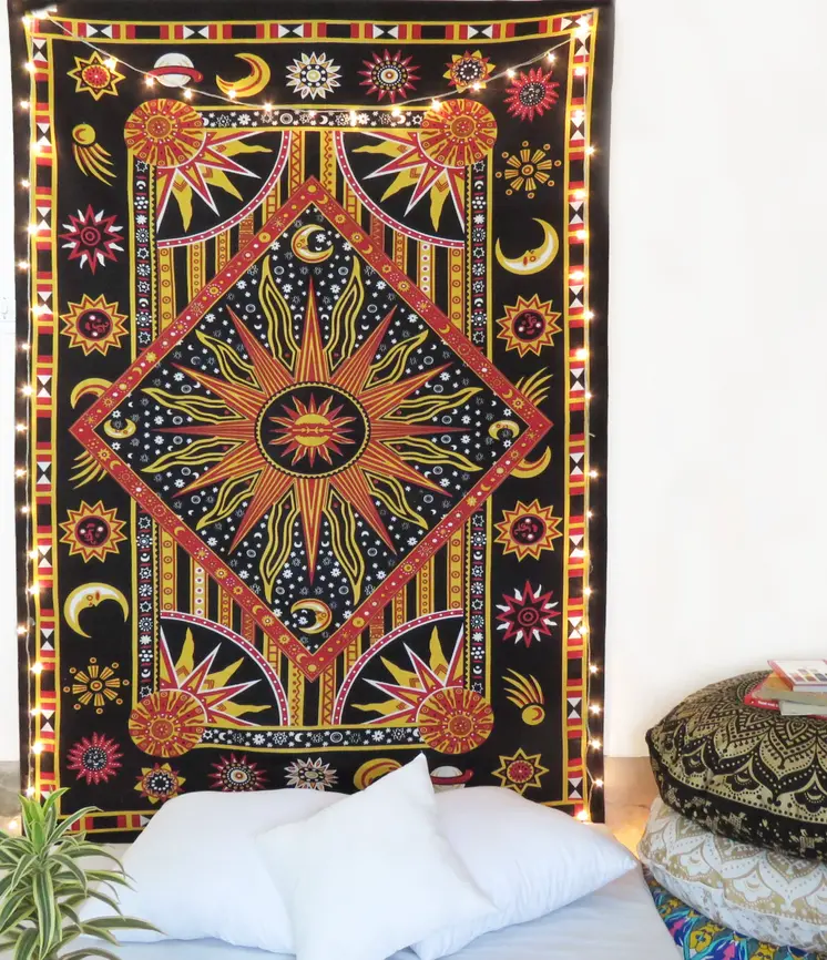 80" X 56" Black Red And Yellow Cotton Star and Sunburst Hanging Tapestry