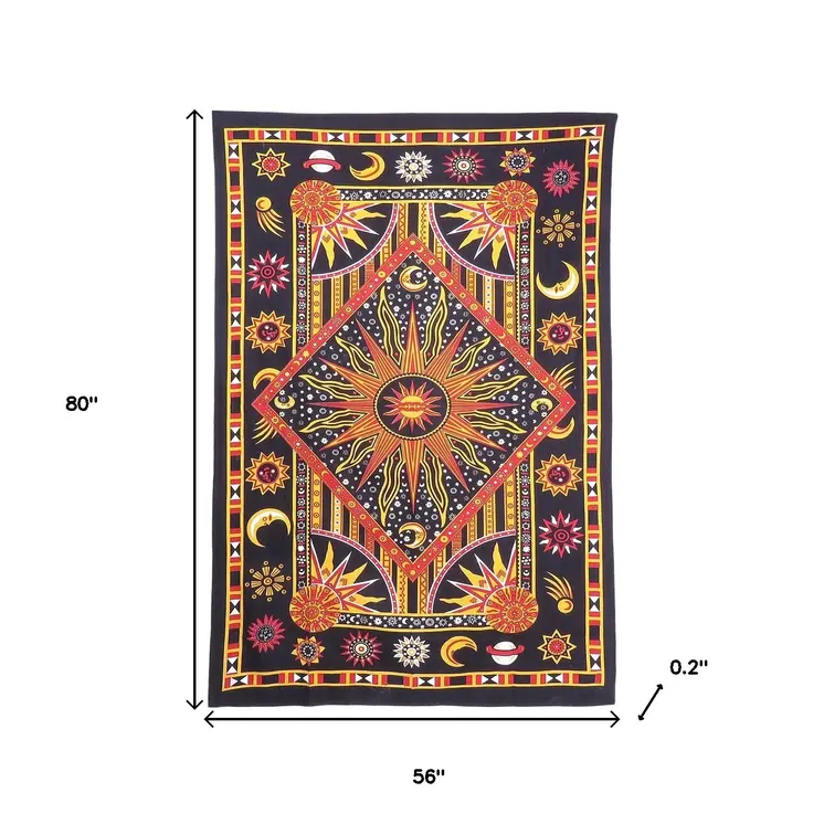 80" X 56" Black Red And Yellow Cotton Star and Sunburst Hanging Tapestry