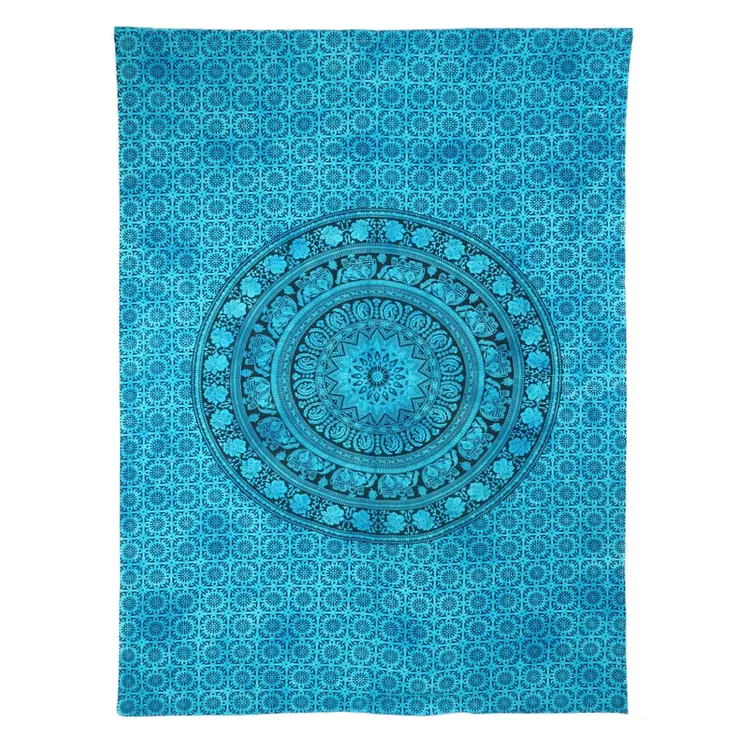 80" X 56" Turquoise And Black Mandala Cotton Hanging Tapestry