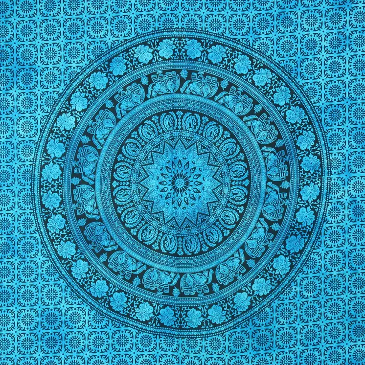 80" X 56" Turquoise And Black Mandala Cotton Hanging Tapestry