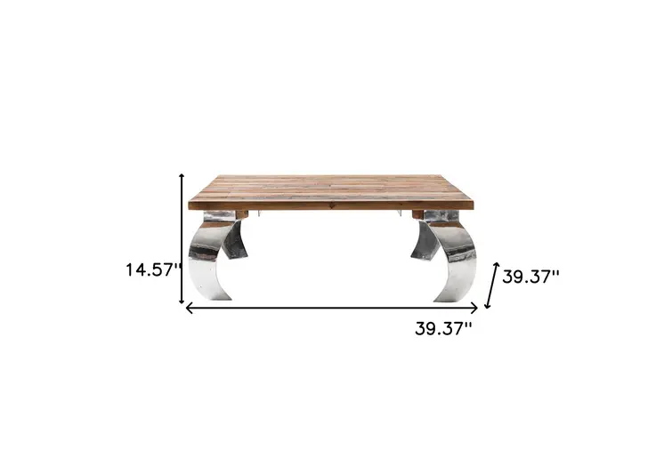 39" Natural And Silver Metallic Reclaimed Wood And Aluminum Square Coffee Table