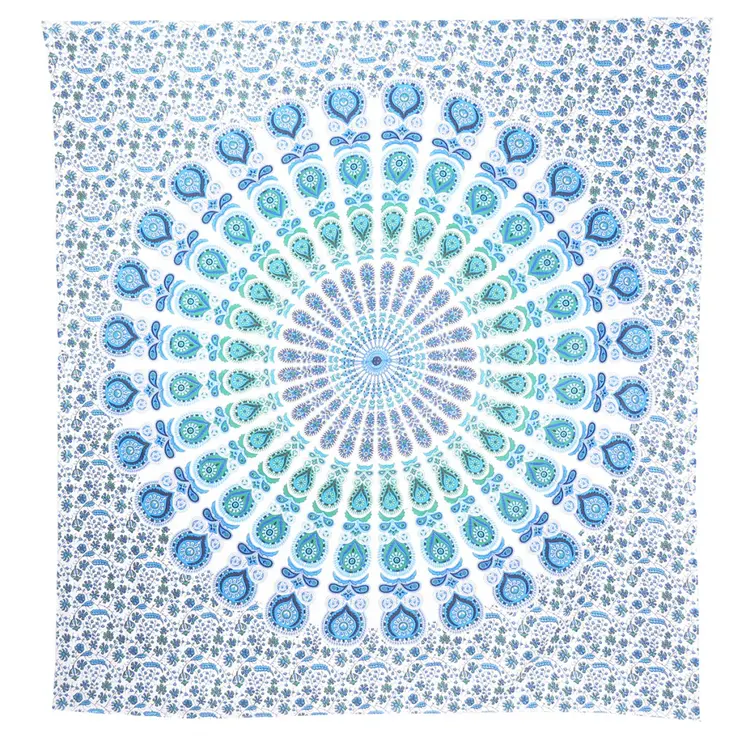 92" X 84" Blue Green And White Mandala Cotton Hanging Tapestry