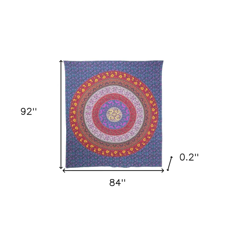 92" X 84" Blue Red And Yellow Mandala Cotton Hanging Tapestry