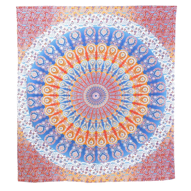 92" X 84" Orange Blue And Yellow Mandala Cotton Hanging Tapestry