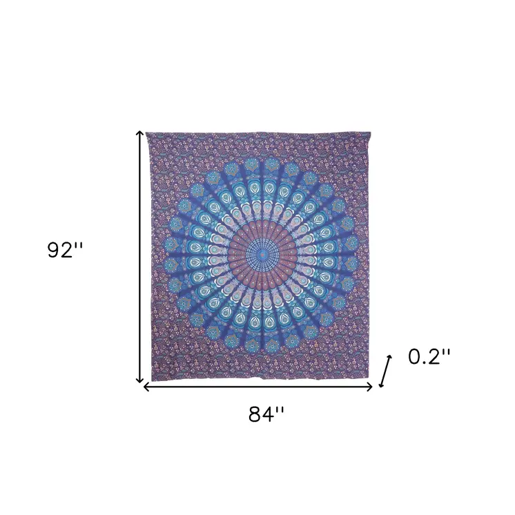 92" X 84" Navy Blue Blue And Purple Mandala Cotton Hanging Tapestry