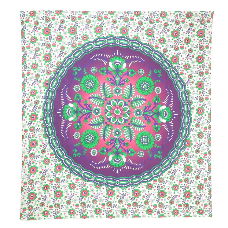 88" X 84" Green Purple And White Floral Cotton Hanging Tapestry