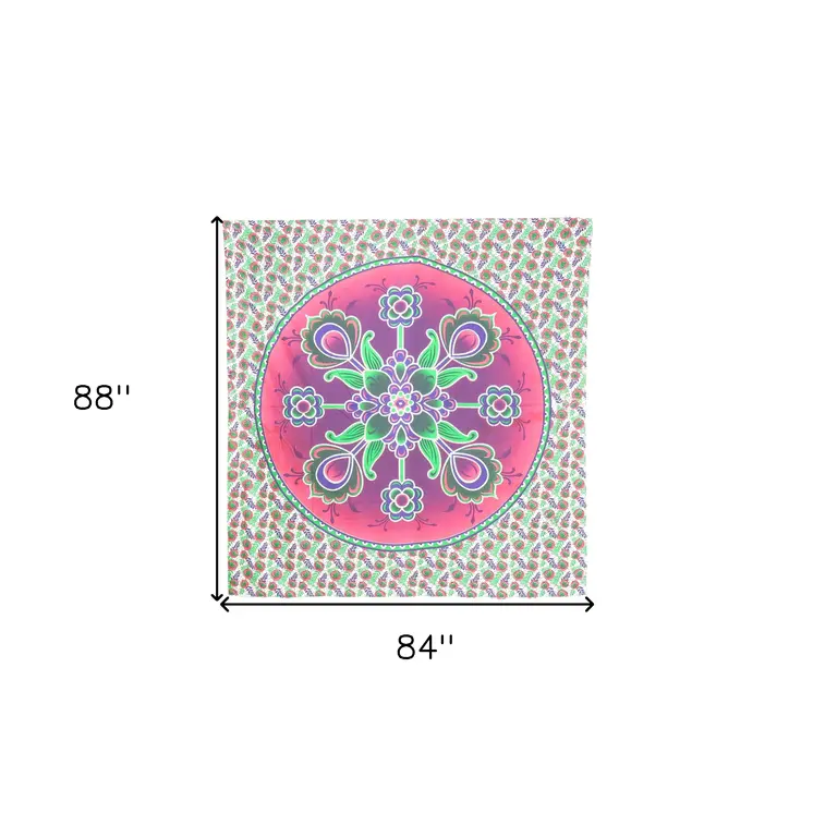 88" X 84" Green Pink And White Floral Cotton Hanging Tapestry