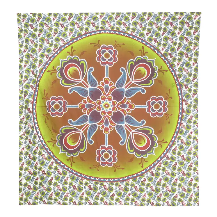 88" X 84" Green White And Yellow Floral Cotton Hanging Tapestry