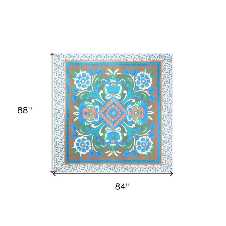 88" X 84" Brown Blue And White Floral Cotton Hanging Tapestry