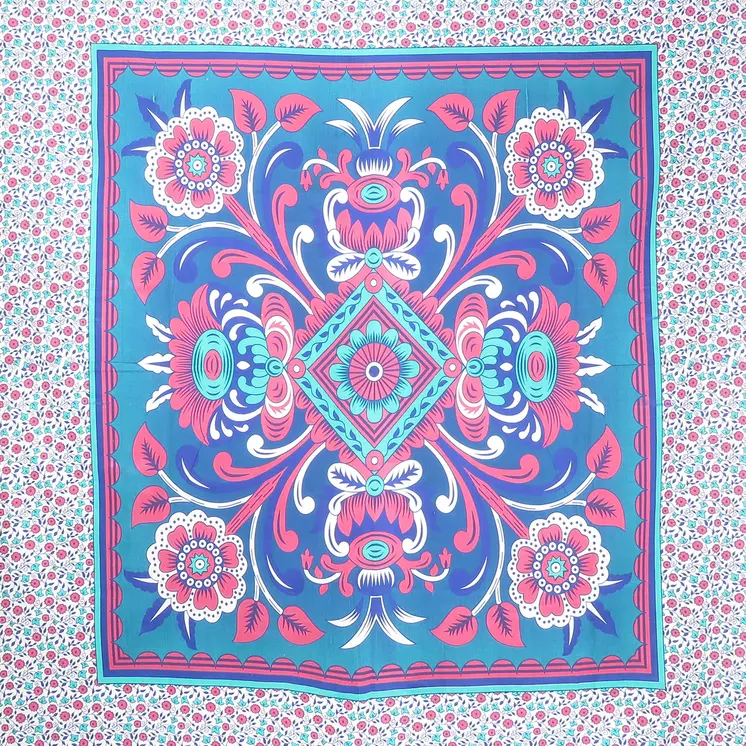 88" X 84" Blue Red And White Floral Cotton Hanging Tapestry