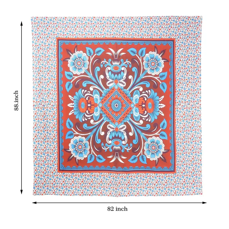 88" X 84" Red Blue And White Floral Cotton Hanging Tapestry