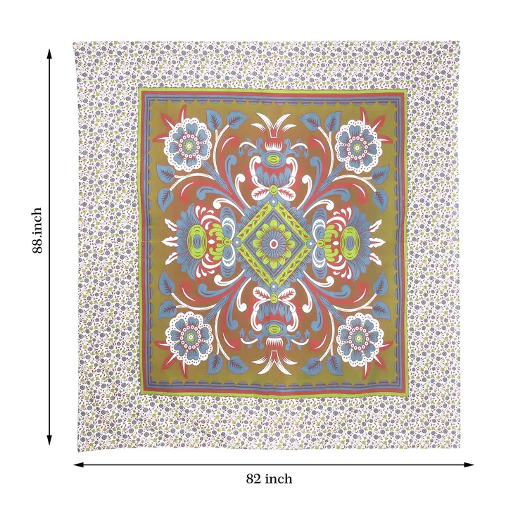 88" X 84" Green Red And White Floral Cotton Hanging Tapestry