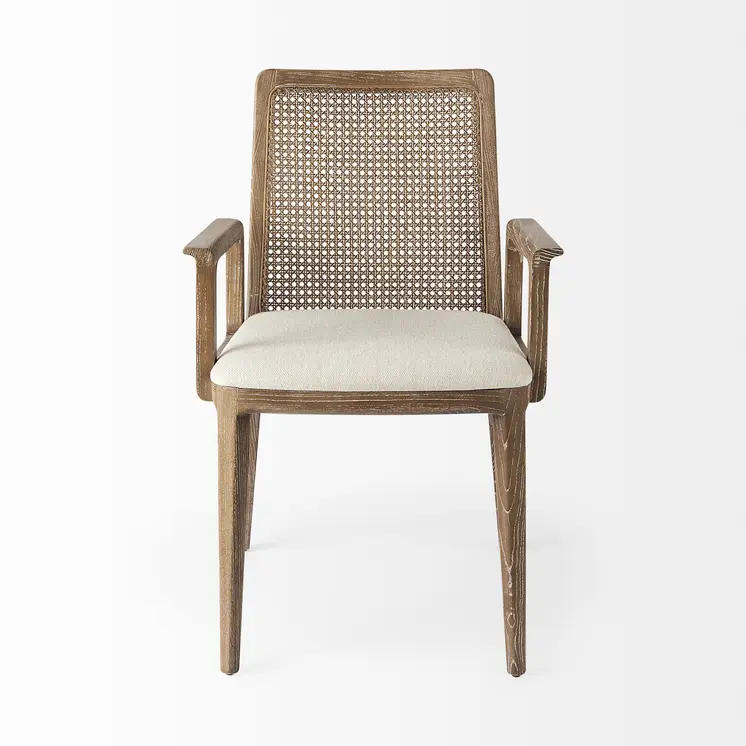 Cream And Brown Upholstered Fabric Dining Arm Chair