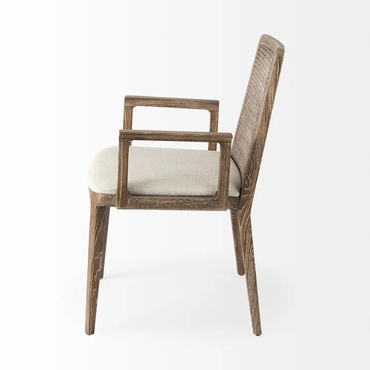 Cream And Brown Upholstered Fabric Dining Arm Chair