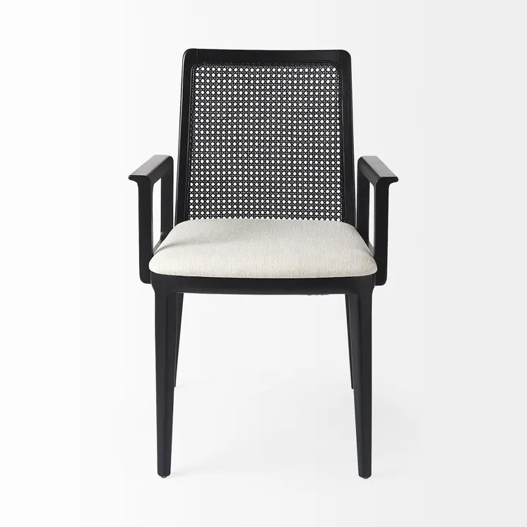 Cream And Black Upholstered Fabric Dining Arm Chair