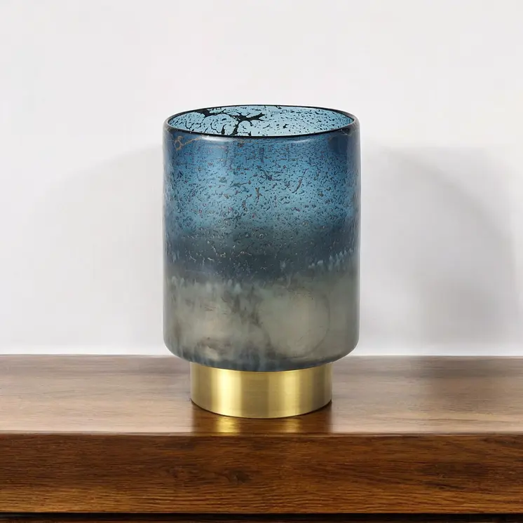 8" Blue And Gold Abstract Cylinder Crystal Glass Table Vase