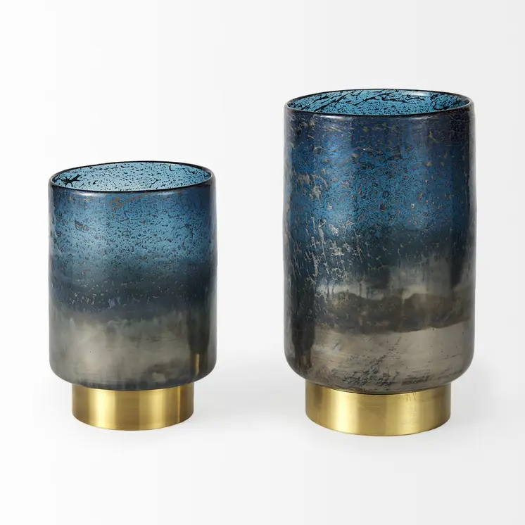 8" Blue And Gold Abstract Cylinder Crystal Glass Table Vase