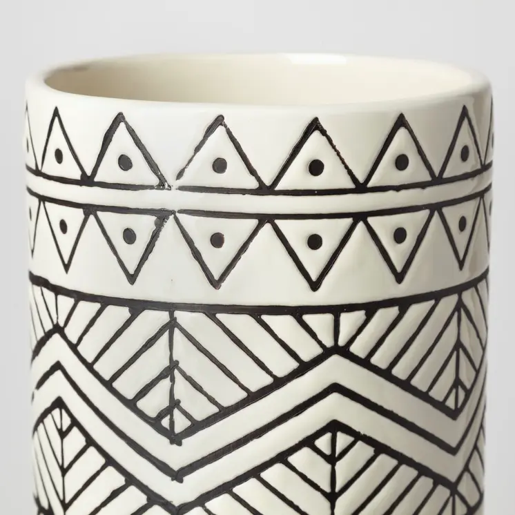 17" Cream and Charcoal Geometric Cylinder Ceramic Vase