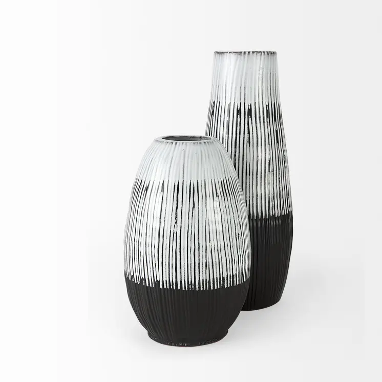 13" Black Gray And White Abstract Cylinder Ceramic Table Vase