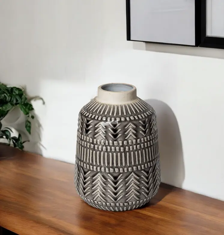 8" Gray Abstract Cylinder Ceramic Table Vase