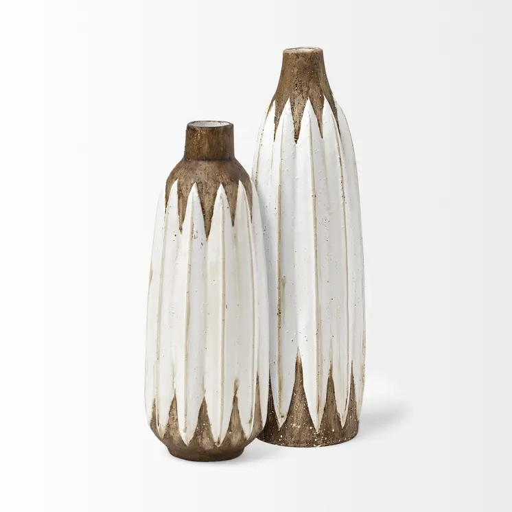 14" Brown And White Abstract Cylinder Ceramic Table Vase