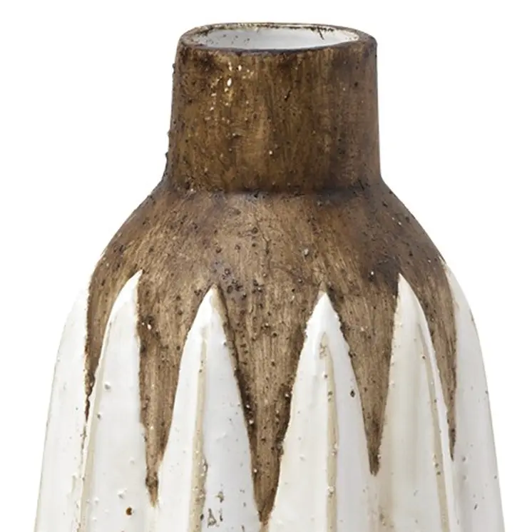 14" Brown And White Abstract Cylinder Ceramic Table Vase