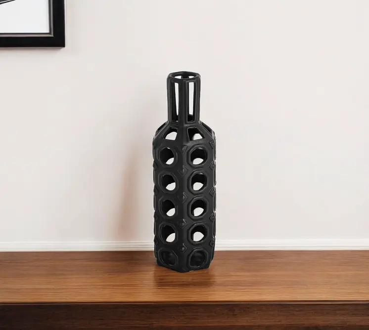 12" Black Ceramic Pierced Geometric Cylinder Table Vase