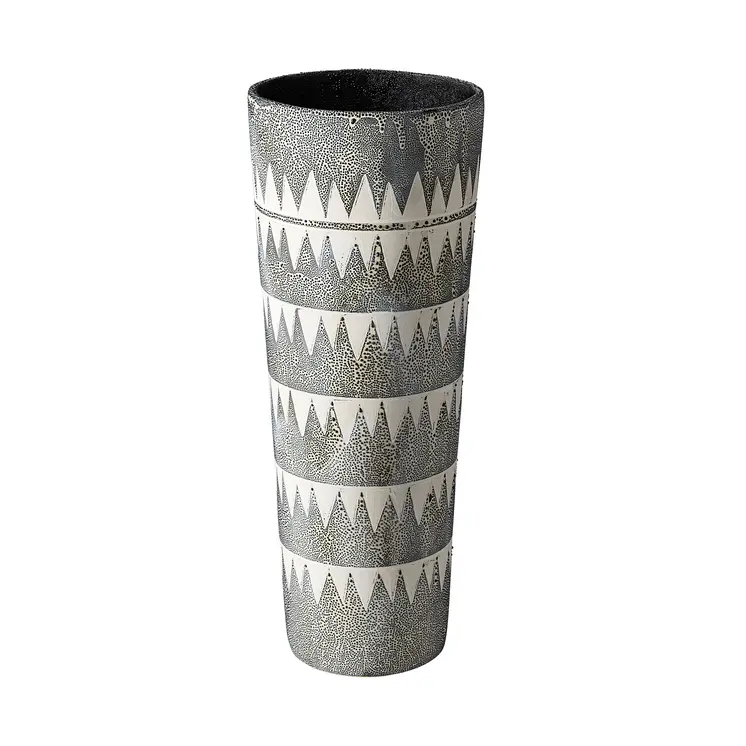 19" Gray And White Abstract Cylinder Ceramic Table Vase