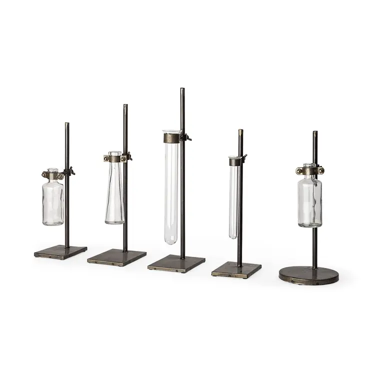 Set of Two Dark Brown Abstract Cylinder Metal Table Vase