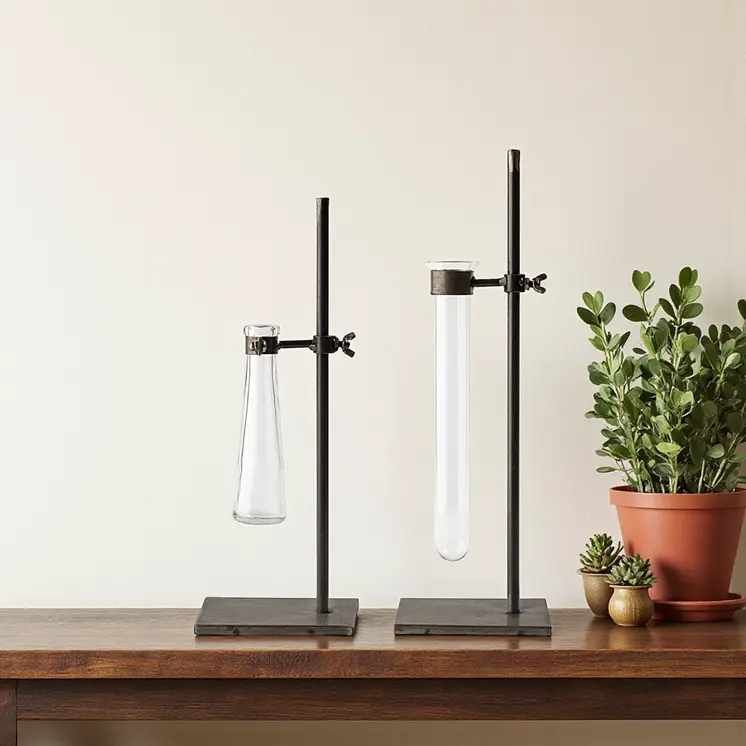 Set of Two Dark Brown Abstract Metal Cylinder Table Vases