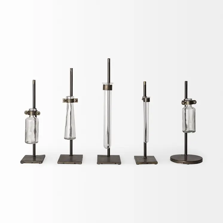 Set of Two Dark Brown Abstract Cylinder Metal Table Vase