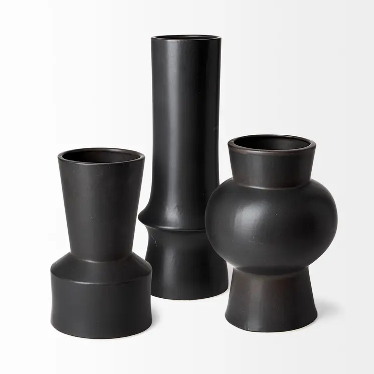 17" Black Abstract Cylinder Ceramic Table Vase