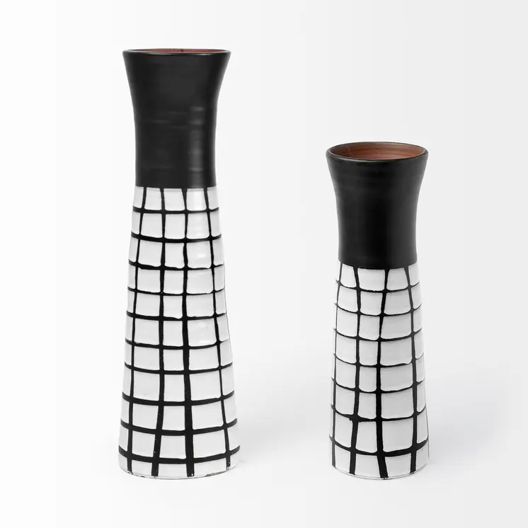 24" Black And White Abstract Cylinder Ceramic Table Vase