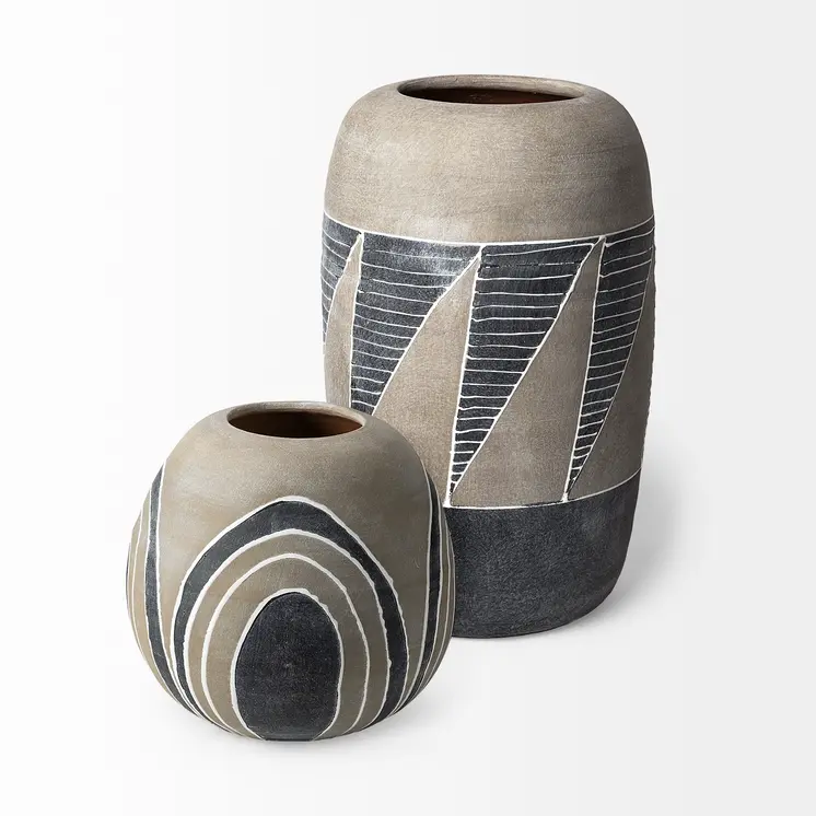 10" Brown And White Abstract Cylinder Ceramic Table Vase