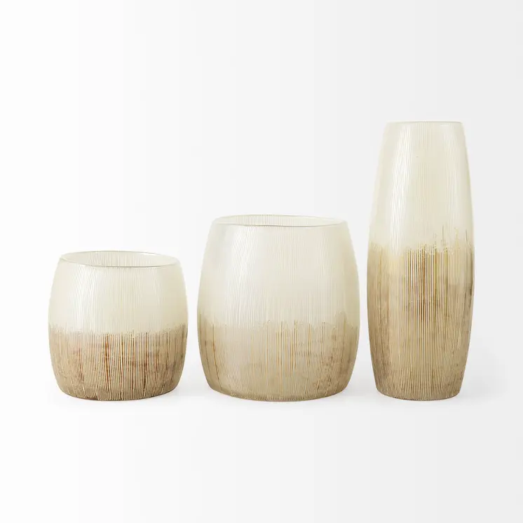 14" Creamy White and Gold Ombre Striped Glass Vase
