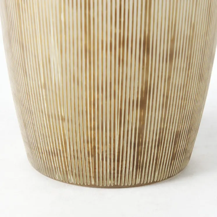 14" Creamy White and Gold Ombre Striped Glass Vase