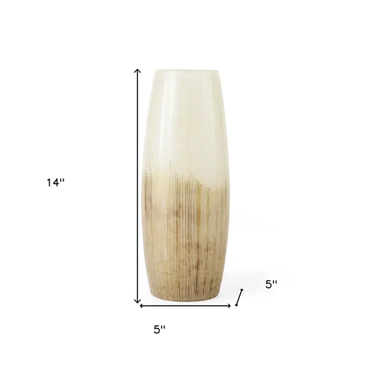14" Creamy White and Gold Ombre Striped Glass Vase