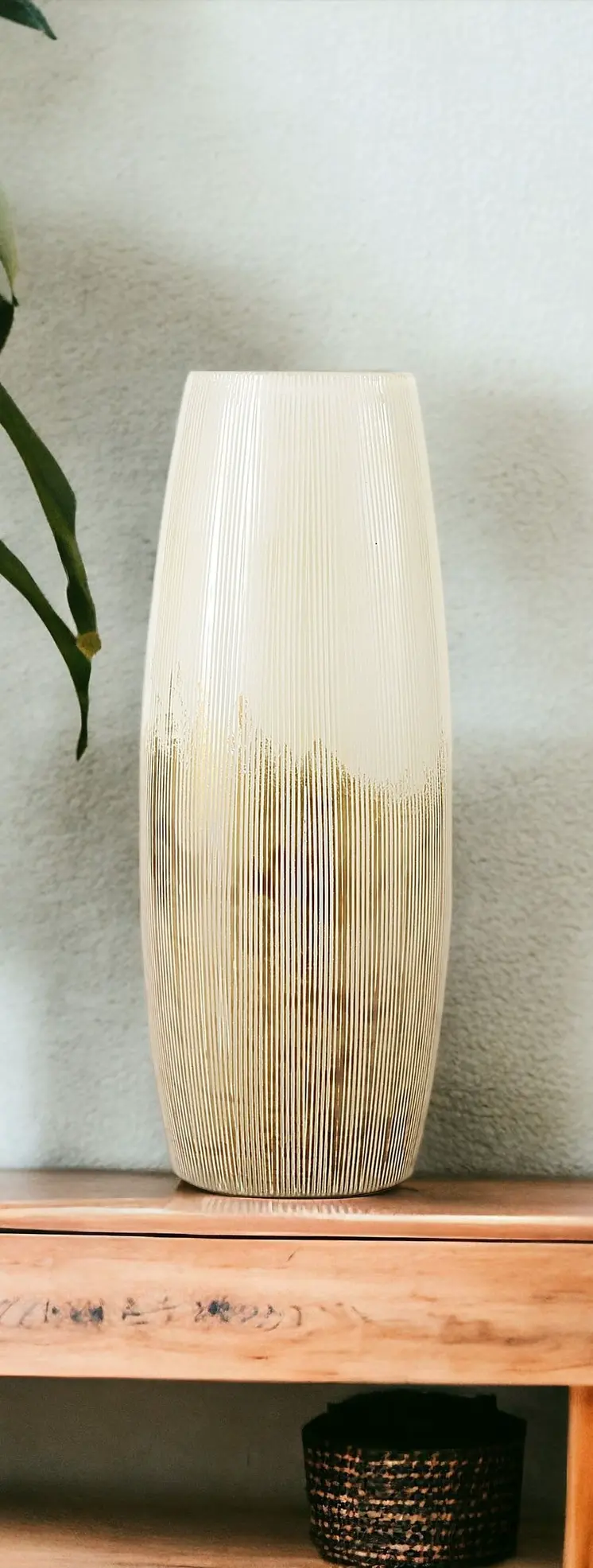 14" Creamy White and Gold Ombre Striped Glass Vase